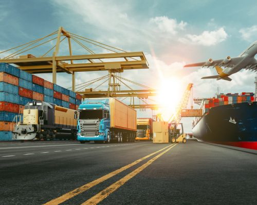 Transportation logistics container cargo ship cargo plane 3d rendering illustration